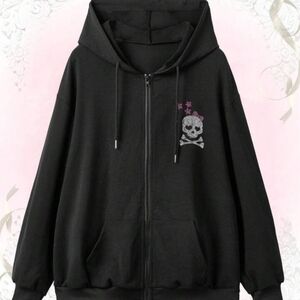 ROMWE Kawaii Rhinestone Skull Y2K Hoodie Cute